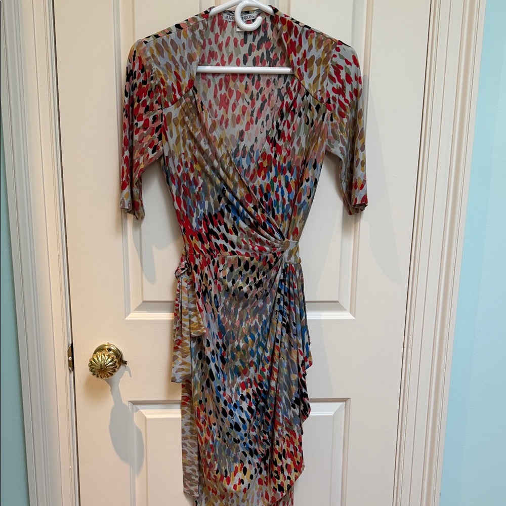 Maggy London sz 4 wrap dress multi-colour spotted femine & flirty
